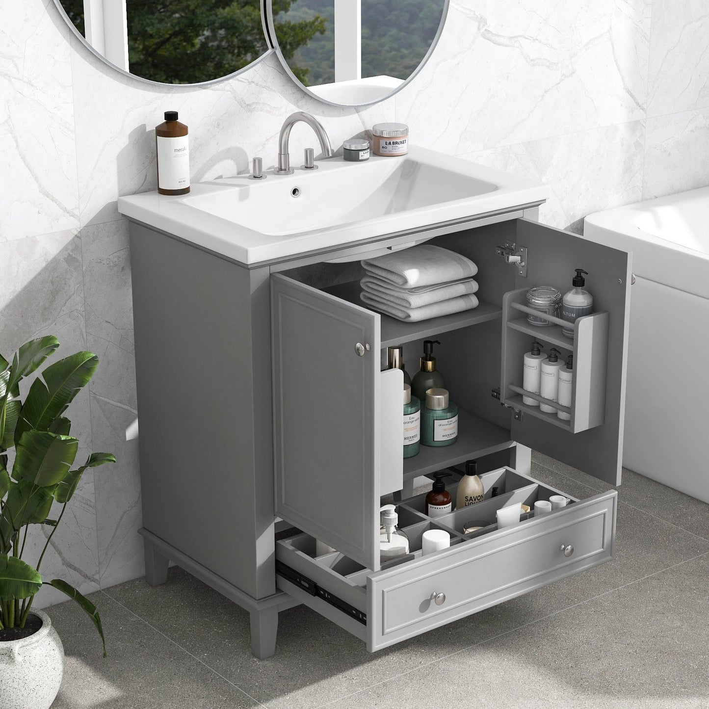 30inchgrey Bathroom Vanity with Sink ComboMulti-functional Bathroom Cabinet with Doors and Drawer Solid Frame and MDF Board by eprolo
