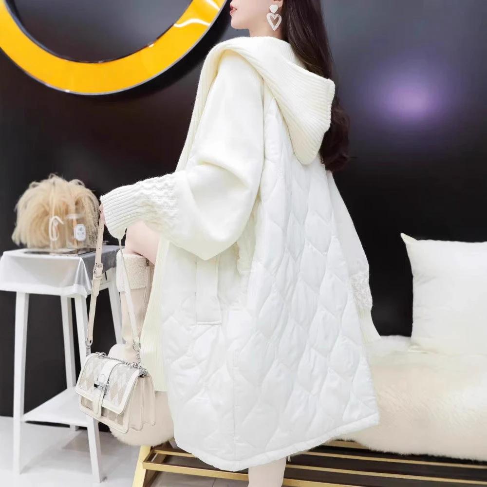 Plus Size Patchwork Hooded Women's Winter Toggle Button Loose Mid-Length Cotton Coat by eprolo