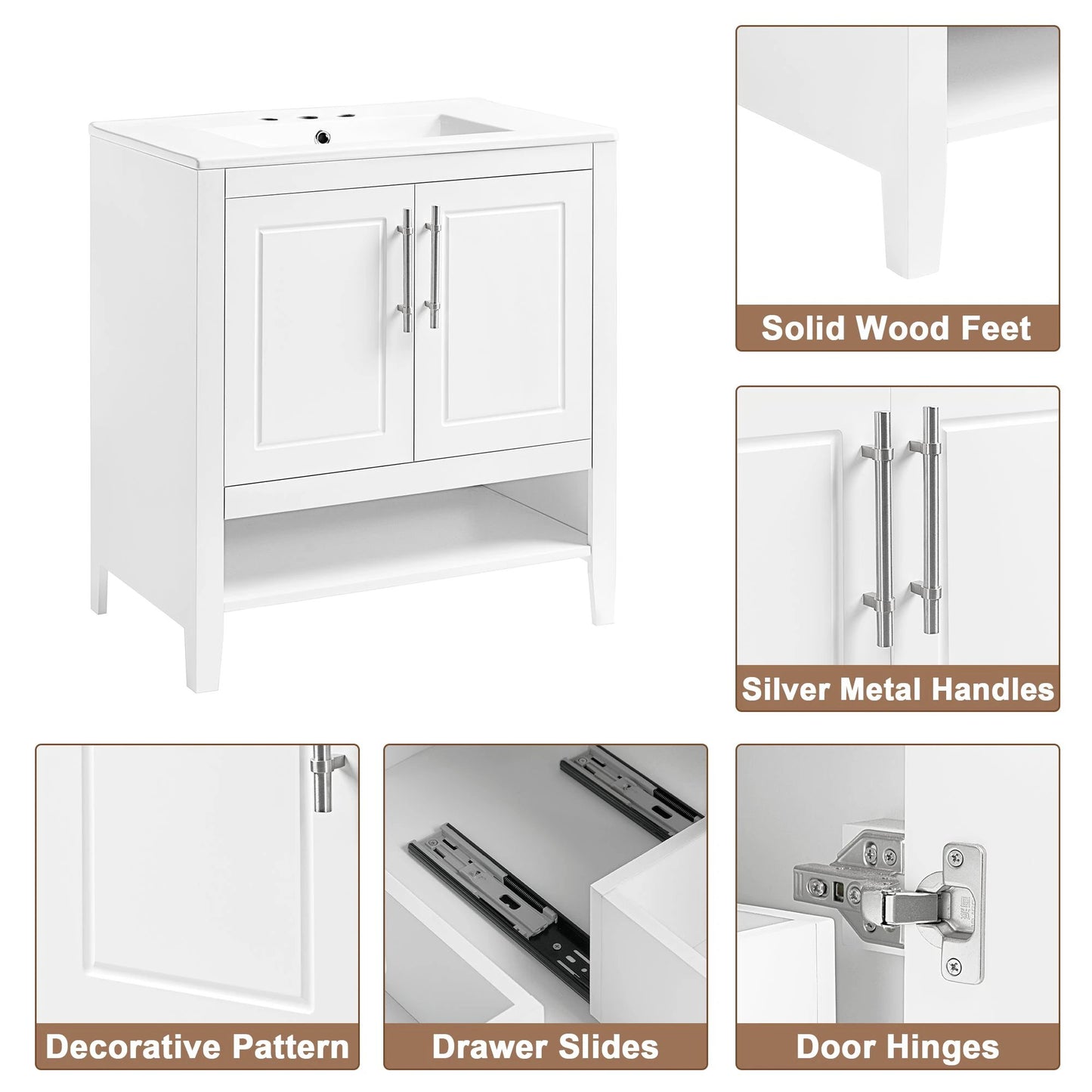 30" Bathroom Vanity with Sink Multi-functional Bathroom Cabinet with Doors and Drawers Solid Frame and MDF Board, White by eprolo