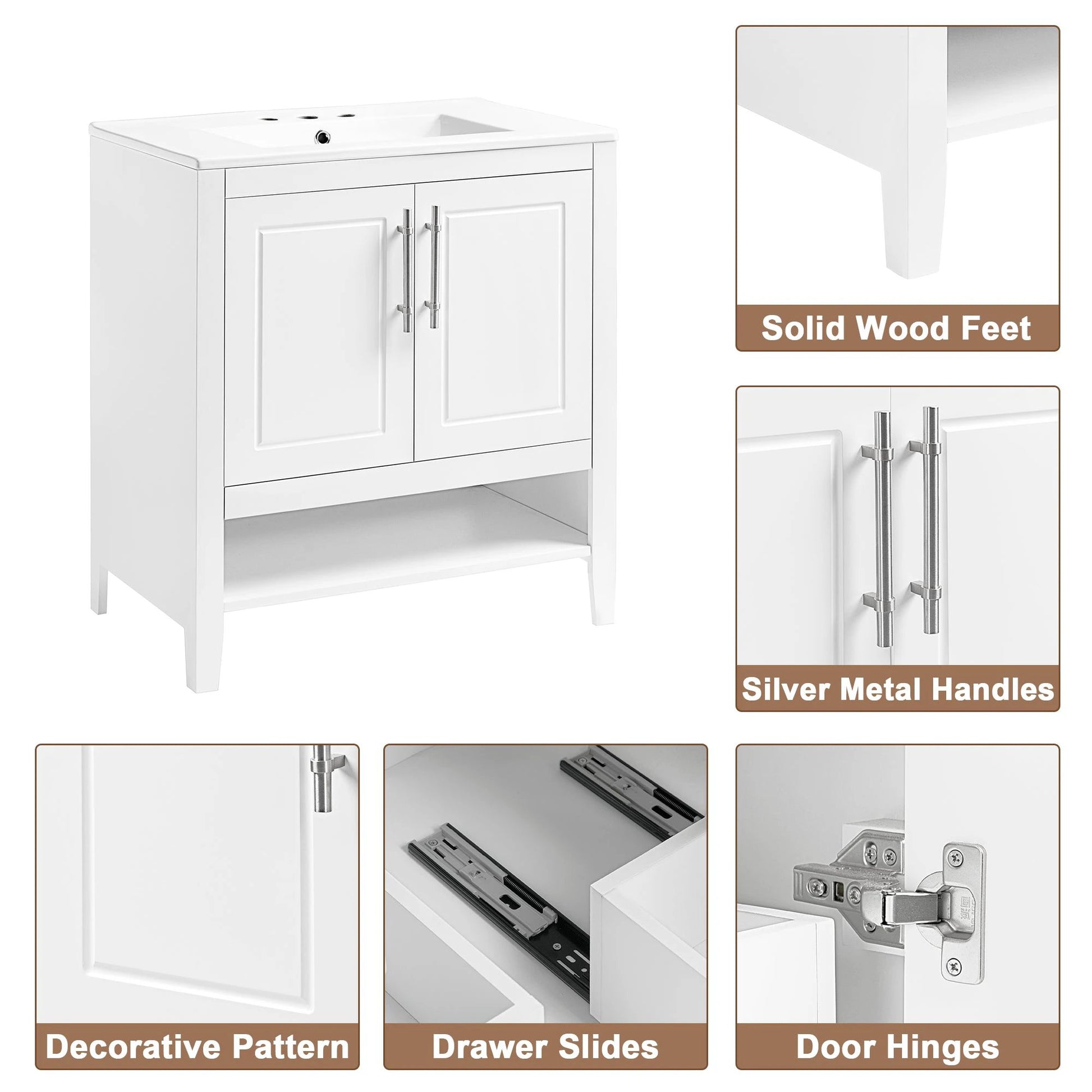 30" Bathroom Vanity with Sink Multi-functional Bathroom Cabinet with Doors and Drawers Solid Frame and MDF Board, White by eprolo