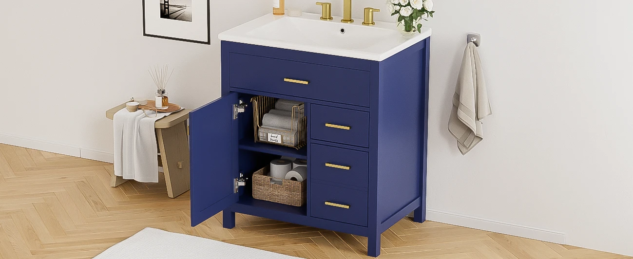 30-Inch Blue Bathroom Vanity with Ceramic Sink and Ample Storage - Ideal Choice for Small Bathrooms by eprolo