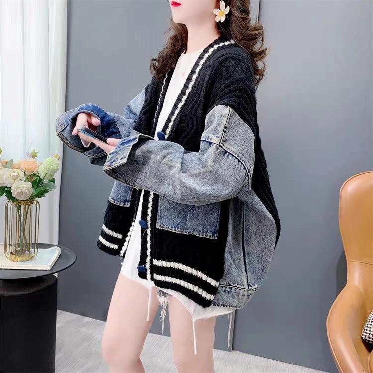 Loose Lazy Style Denim Patchwork Knit Cardigan for Women Retro Versatile Outerwear Top Trendy by eprolo