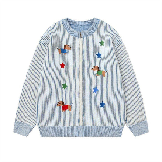 Cartoon Dog Embroidered Vertical Striped Knitted Coat by eprolo
