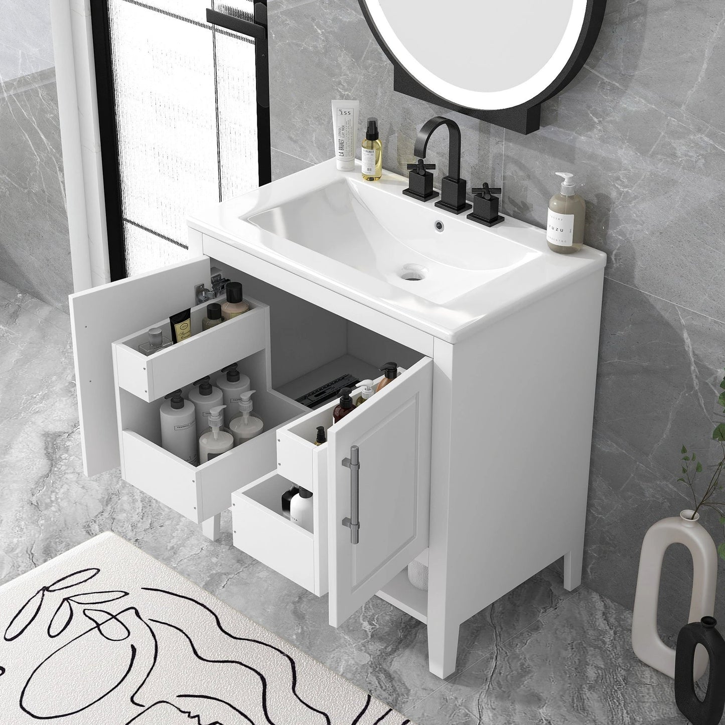 30" Bathroom Vanity with Sink Multi-functional Bathroom Cabinet with Doors and Drawers Solid Frame and MDF Board, White by eprolo