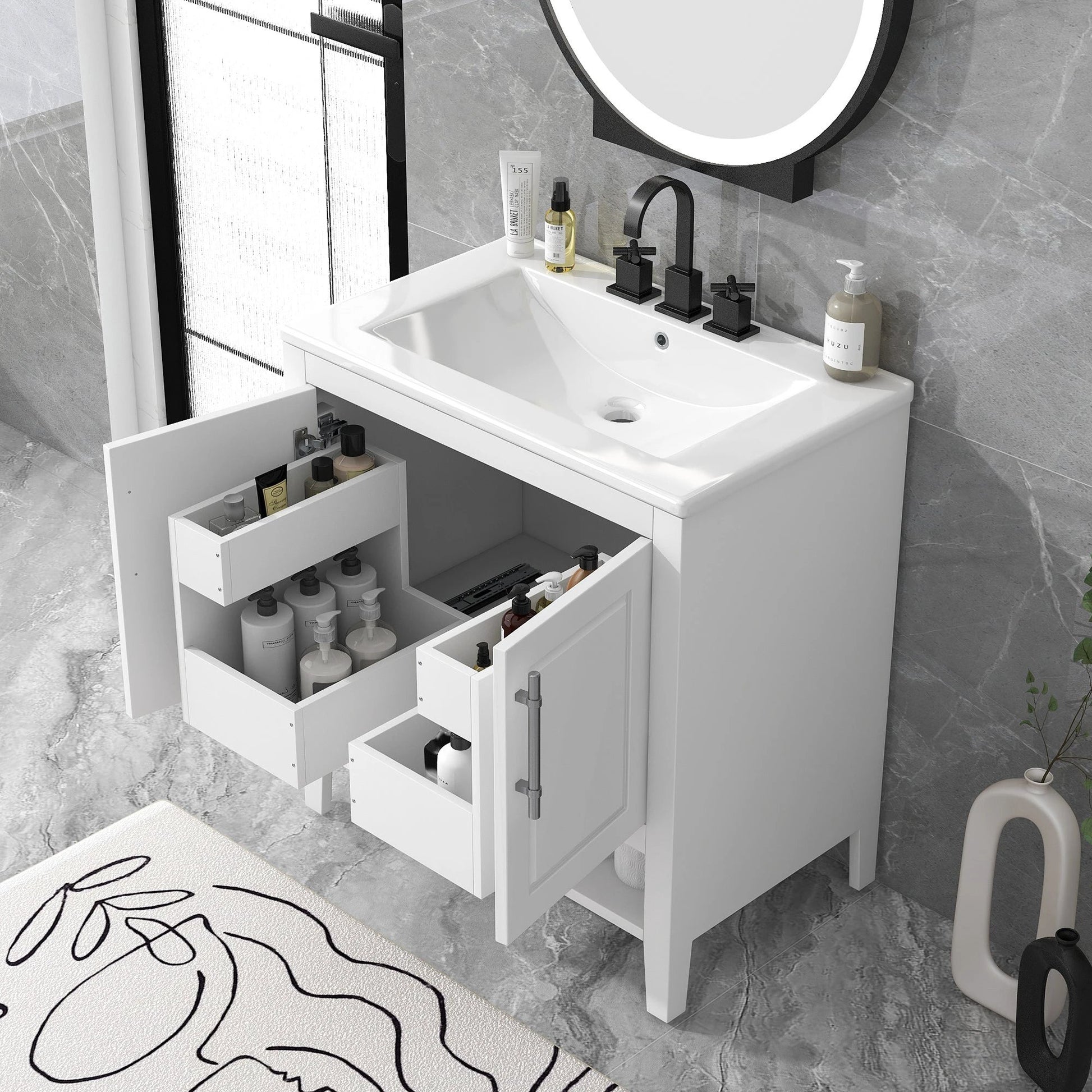 30" Bathroom Vanity with Sink Multi-functional Bathroom Cabinet with Doors and Drawers Solid Frame and MDF Board, White by eprolo