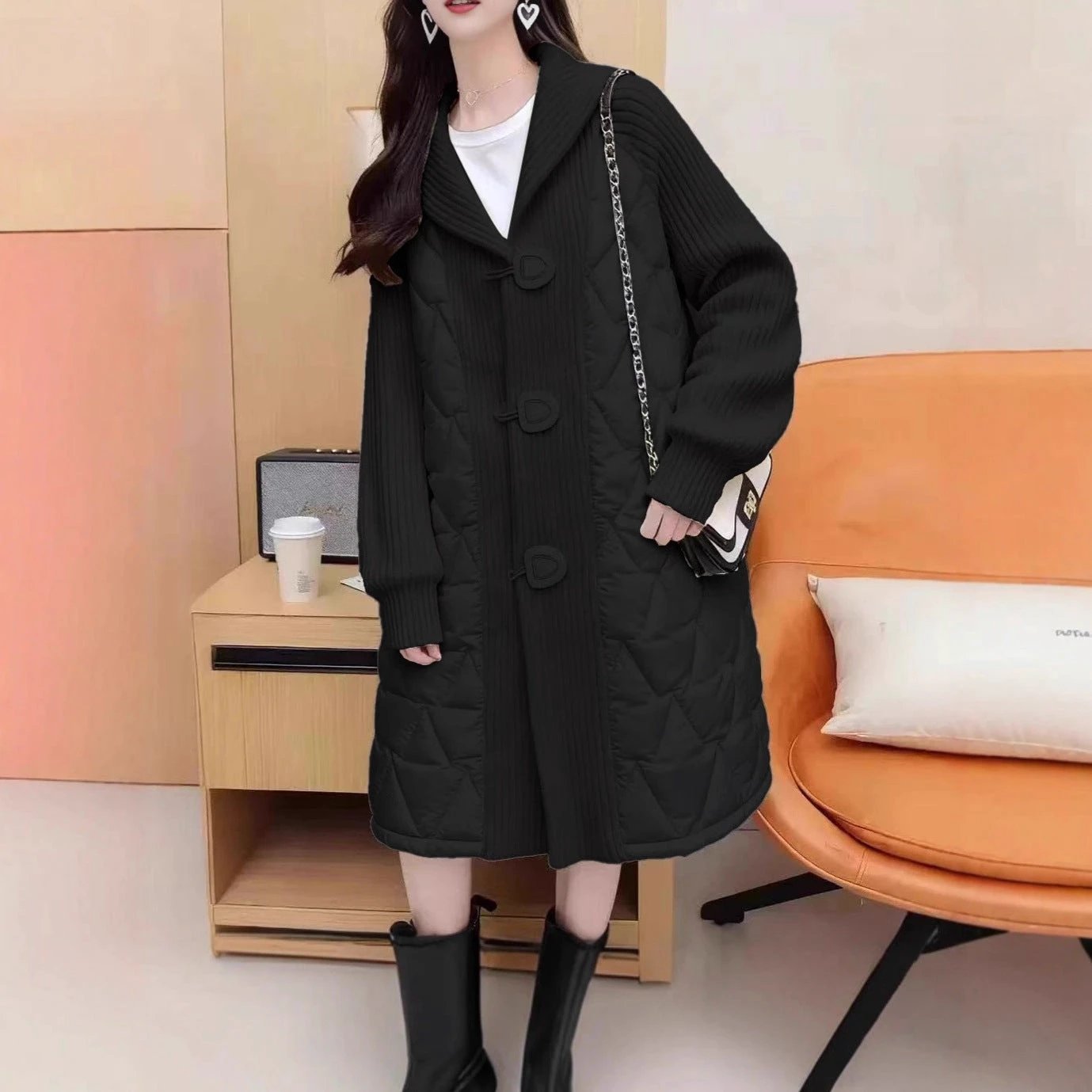 Feminine Knitted Cotton Coat with Disk Buttons, Notched Lapel, Patchwork Cardigan, Casual Loose Oversized European-Style Mid-Length Outerwear by eprolo
