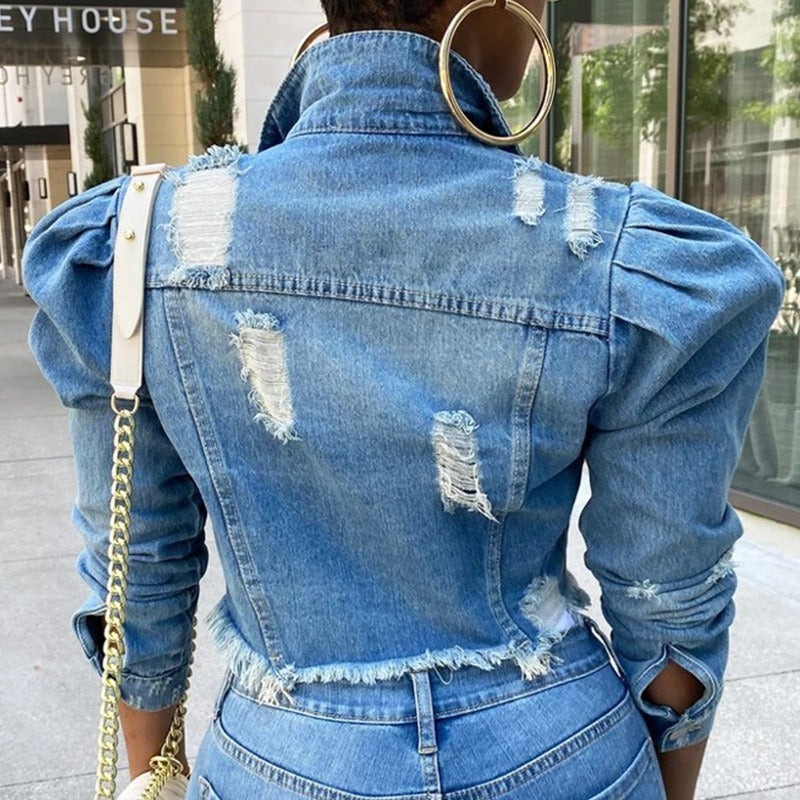 Short Distressed Denim Jacket for Women