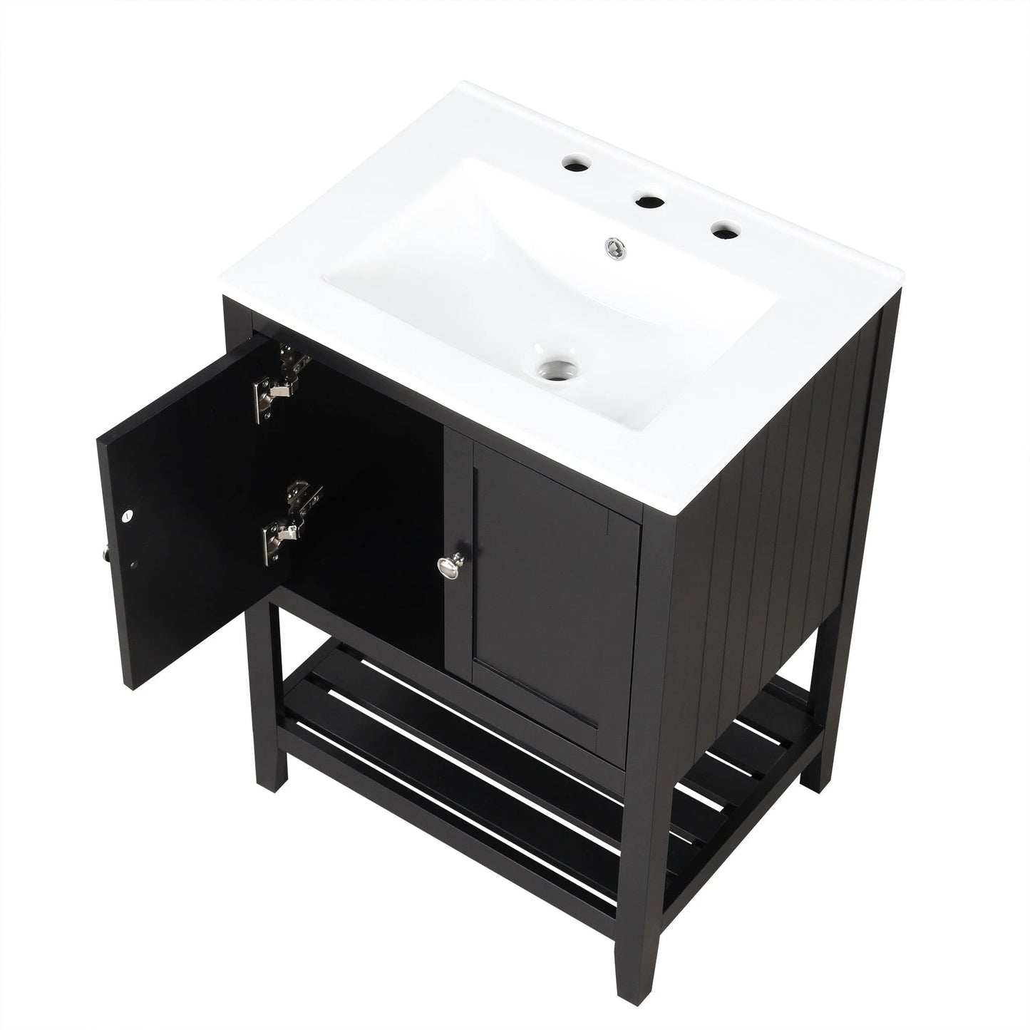 24" Black Modern Sleek Bathroom Vanity Elegant Ceramic Sink with Solid Wood Frame Open Style Shelf by eprolo
