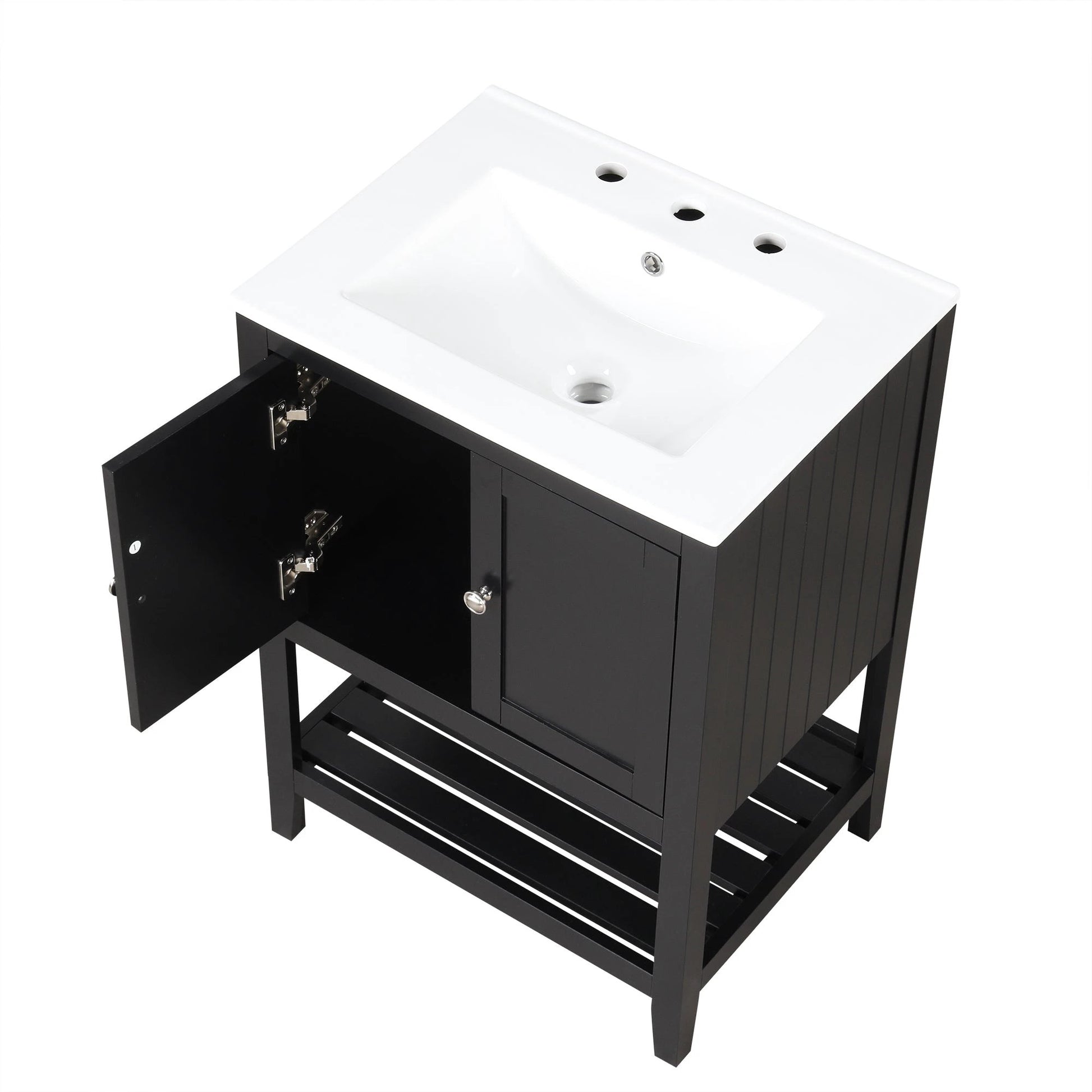 24" Black Modern Sleek Bathroom Vanity Elegant Ceramic Sink with Solid Wood Frame Open Style Shelf by eprolo