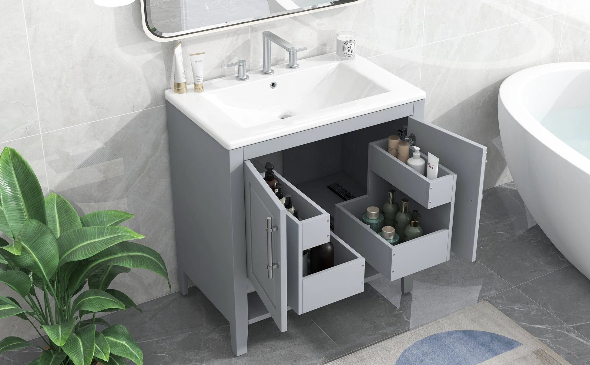 30" Bathroom Vanity with Sink, Multi-functional Bathroom Cabinet with Doors and Drawers, Solid Frame and MDF Board, Grey by eprolo