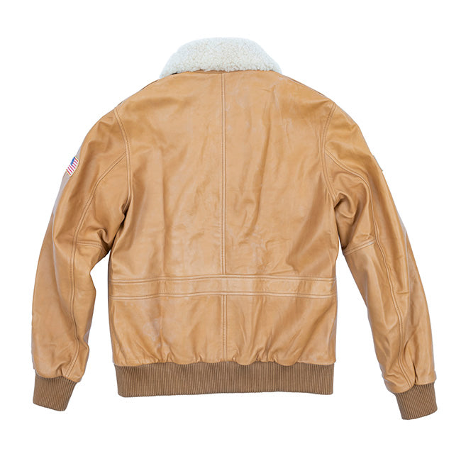 Chaqueta bomber de cuero con cuello de piel sintética para hombre, estilo piloto de vuelo con bandera de EE. UU.