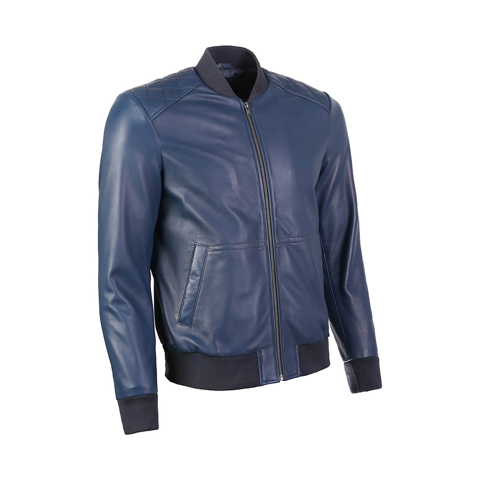 Chaqueta bomber de piel de oveja premium Greer para hombre, color azul marino y marrón