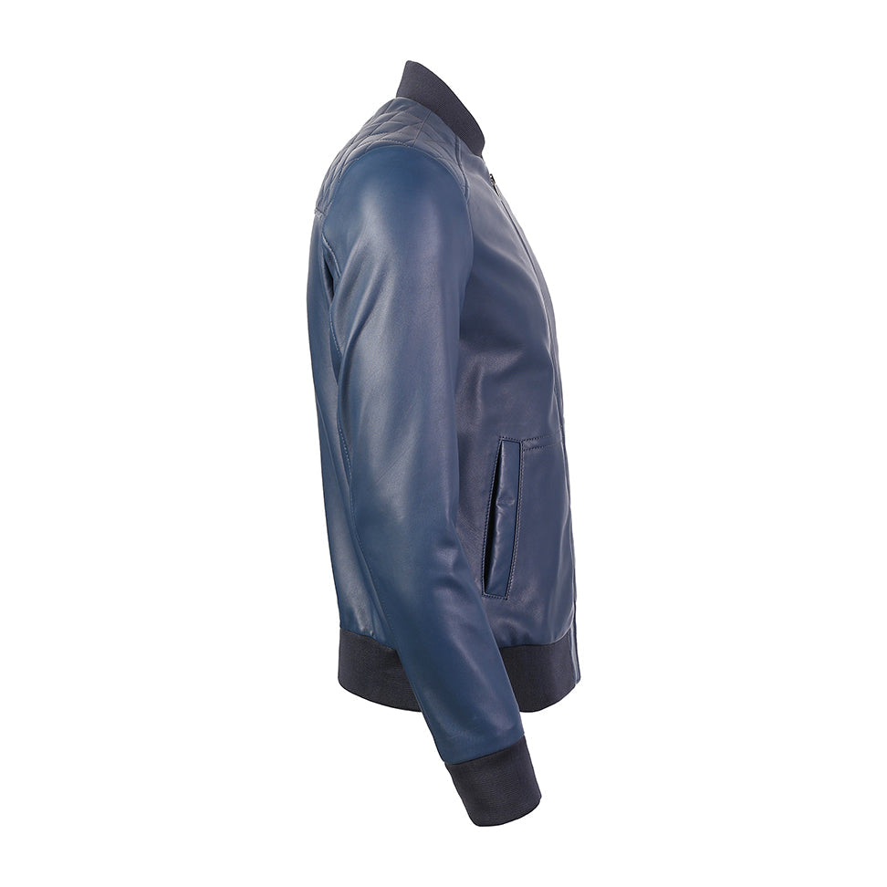 Chaqueta bomber de piel de oveja premium Greer para hombre, color azul marino y marrón