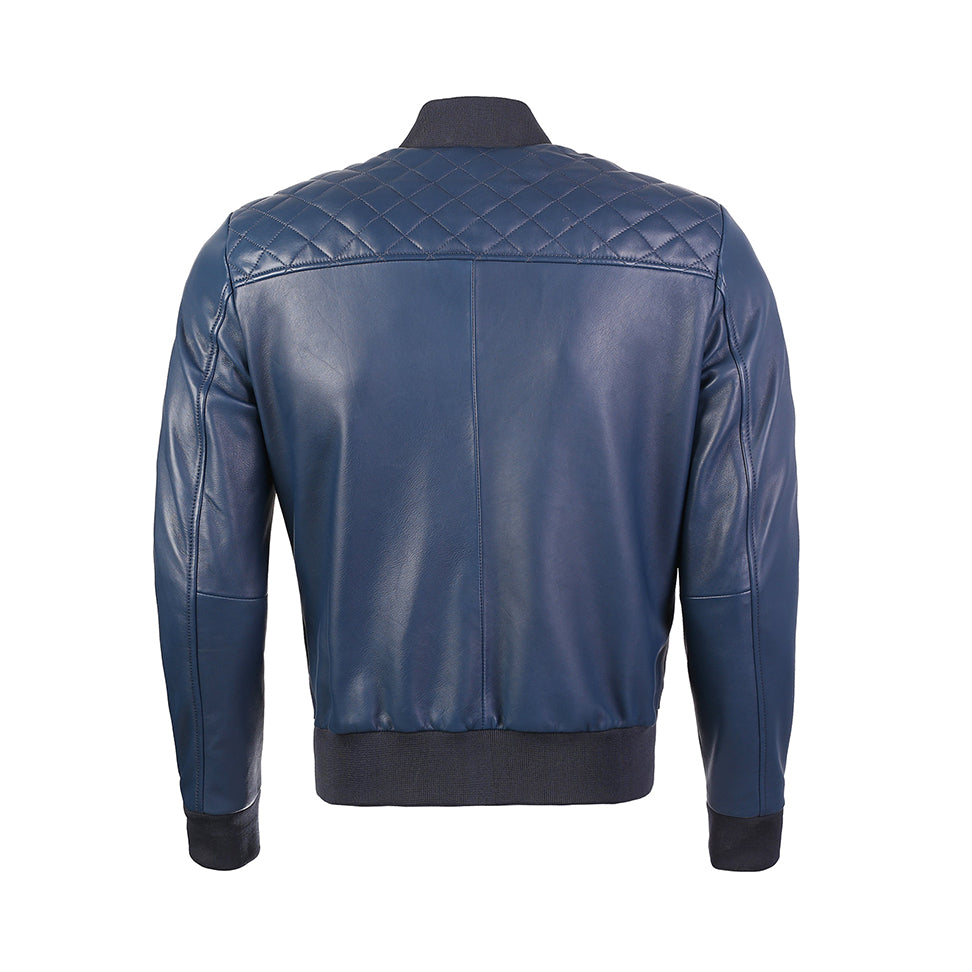 Chaqueta bomber de piel de oveja premium Greer para hombre, color azul marino y marrón