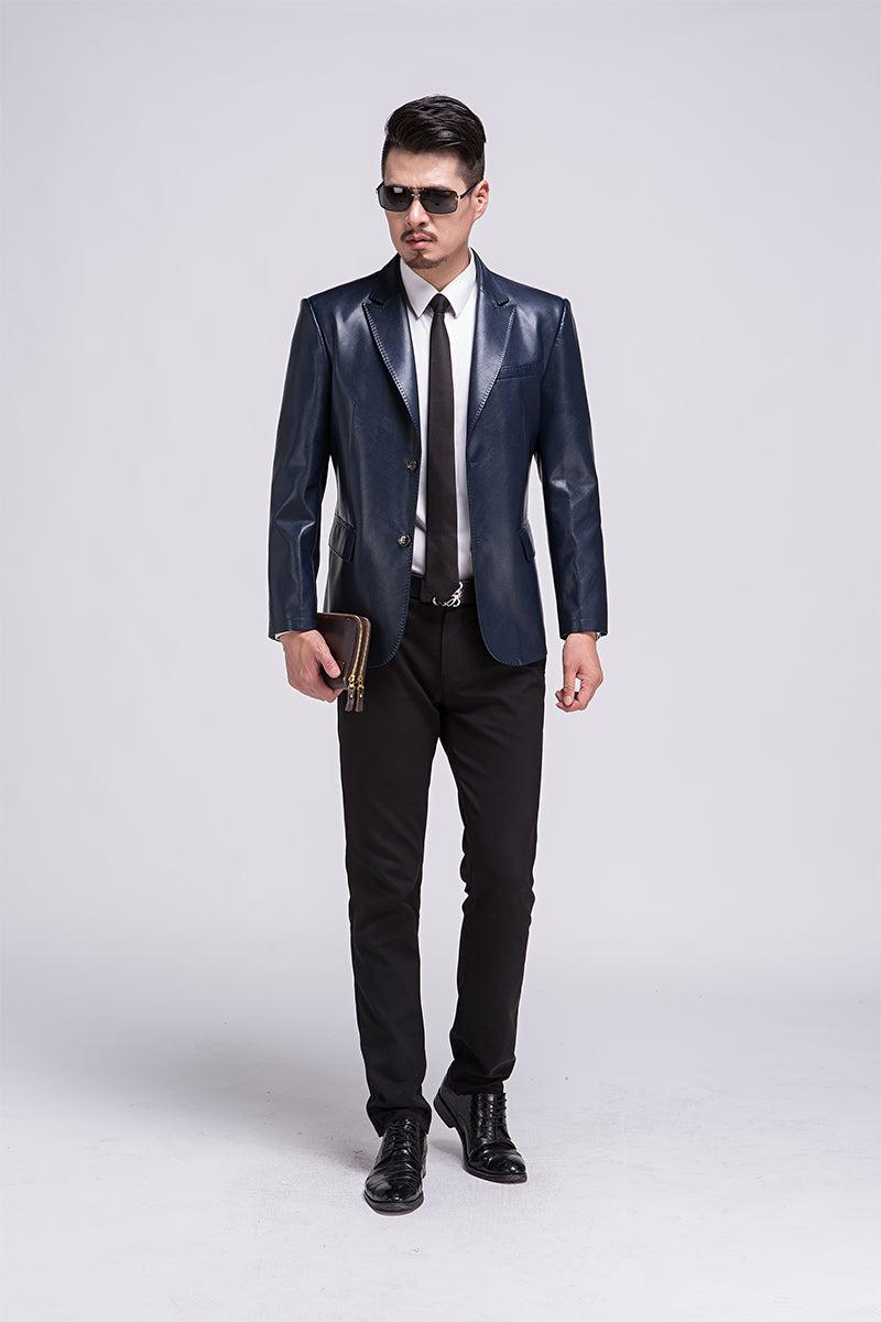 Blazer en cuir noir et bleu marine à 3 boutons pour homme, en liquidation, résistant