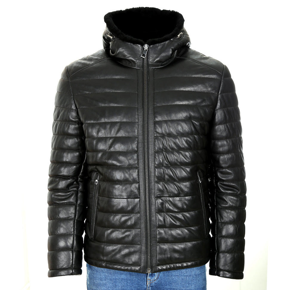 Chaqueta bomber de cuero para hombre con capucha de piel sintética y bolsillos con cremallera