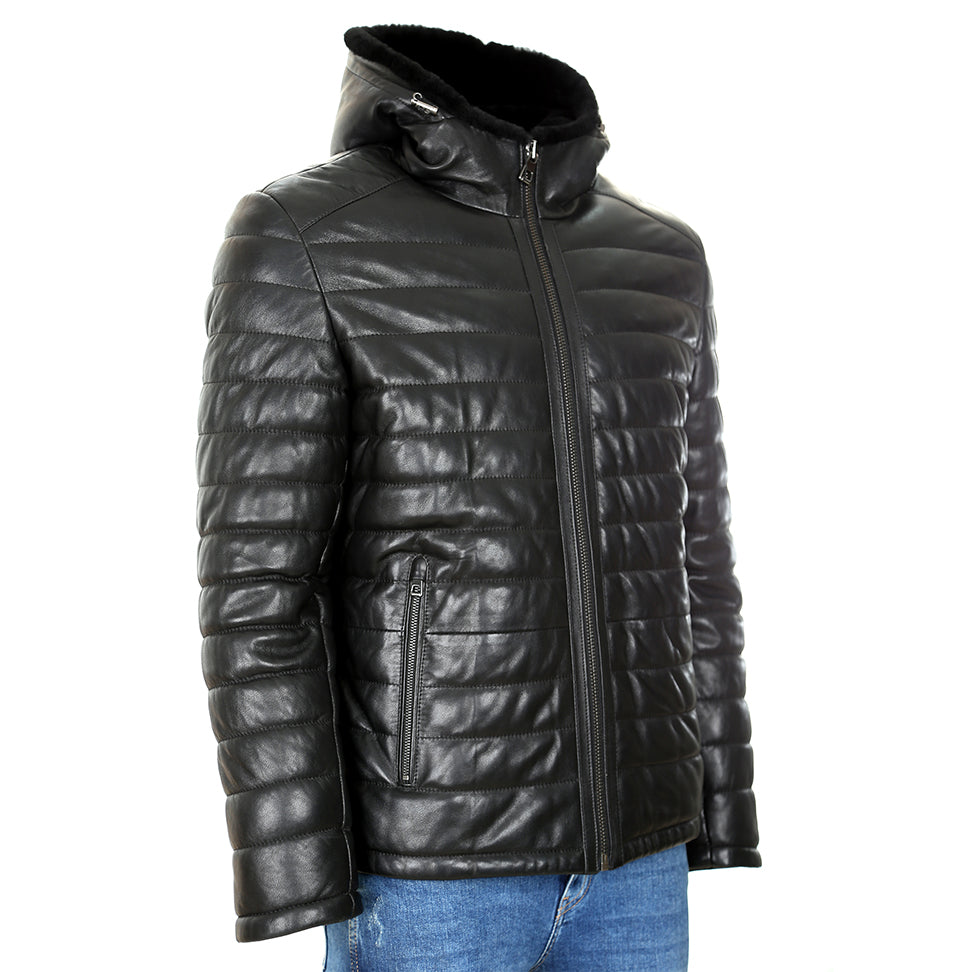 Chaqueta bomber de cuero para hombre con capucha de piel sintética y bolsillos con cremallera
