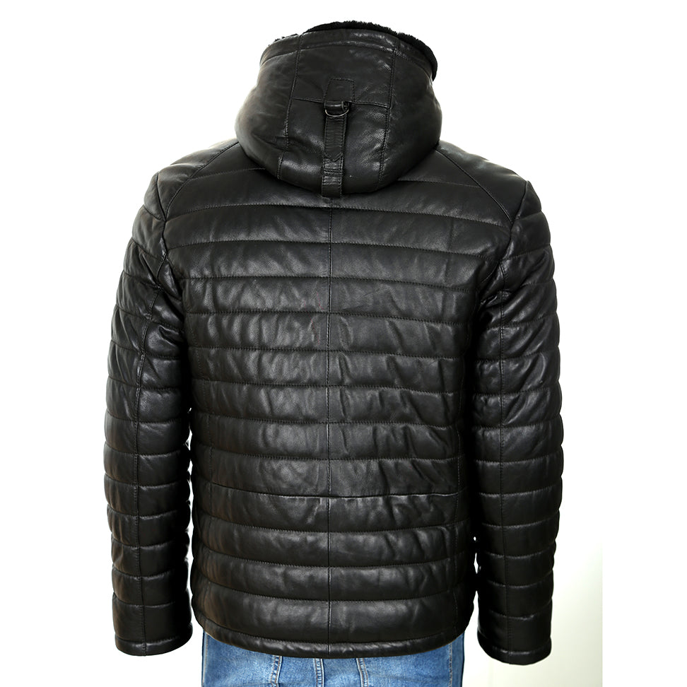 Chaqueta bomber de cuero para hombre con capucha de piel sintética y bolsillos con cremallera