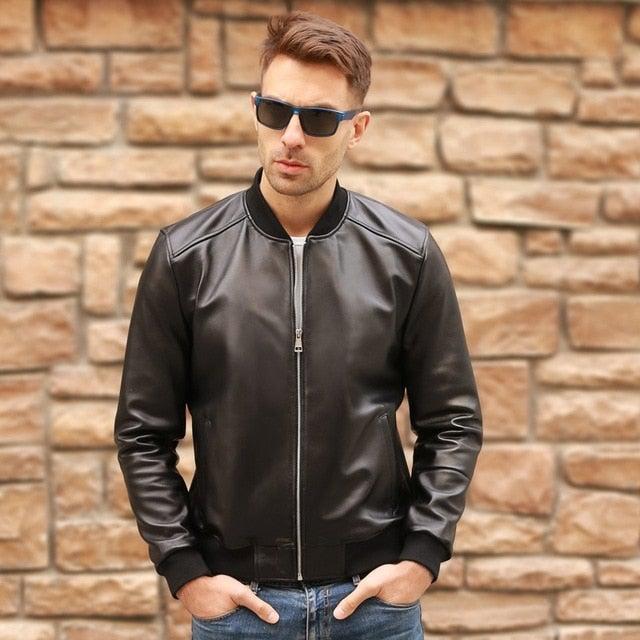 Chaqueta bomber clásica vintage de piel de oveja con cremallera para hombre