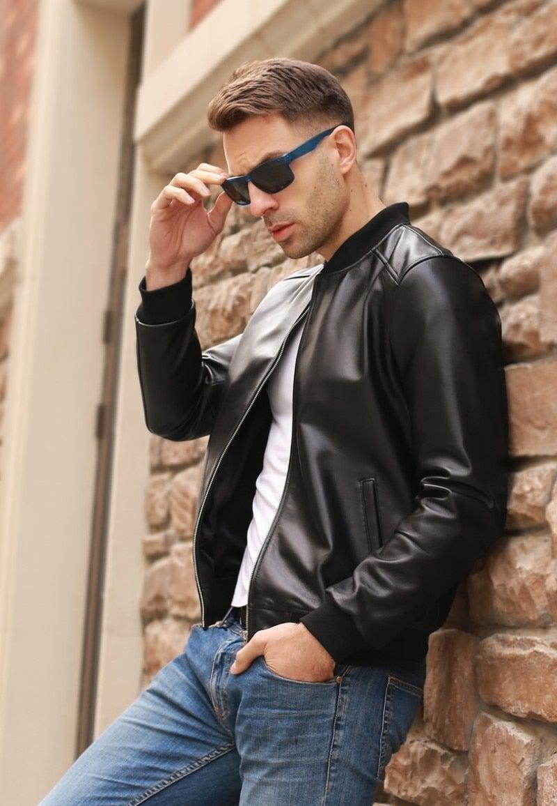 Chaqueta bomber clásica vintage de piel de oveja con cremallera para hombre