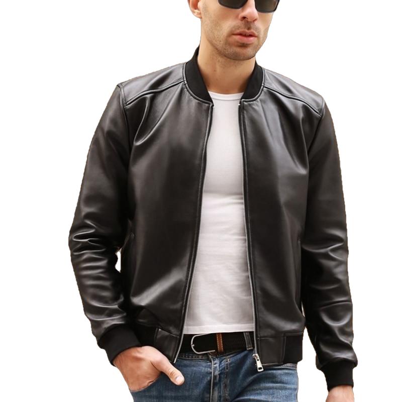 Chaqueta bomber clásica vintage de piel de oveja con cremallera para hombre