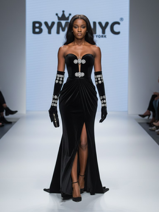 Long Black Evening Velvet Dress Exclusive Luxury Edition NYC BYMANYC Haute Couture