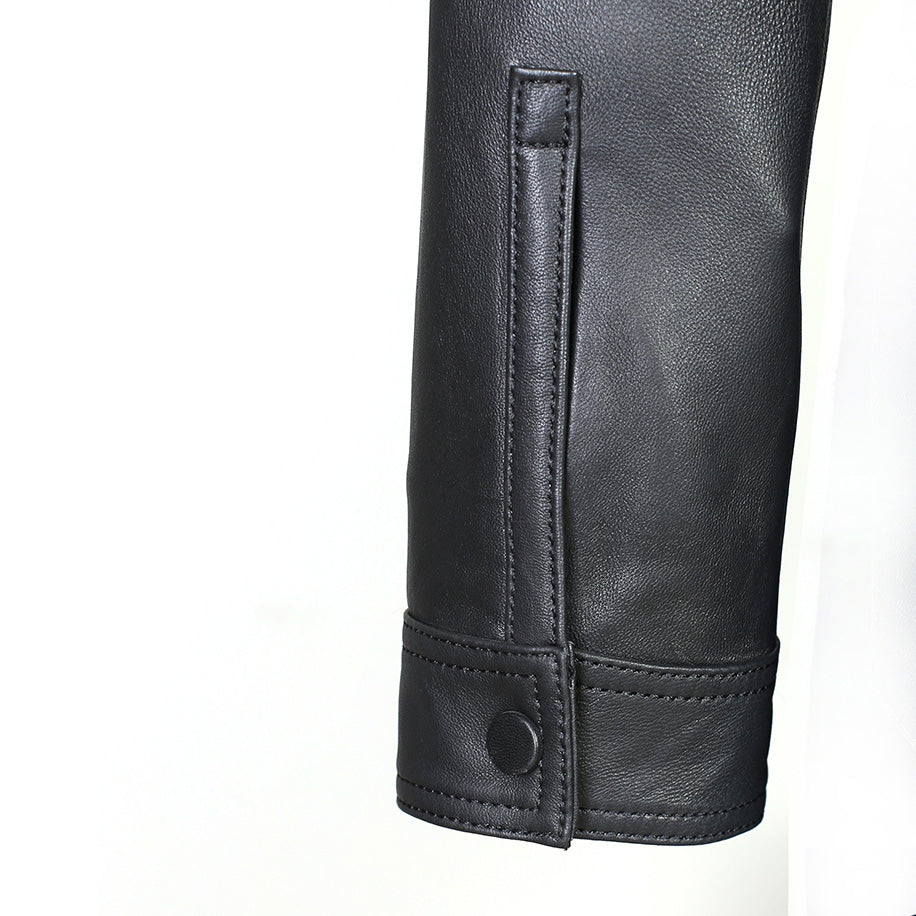 Chaqueta corta de cuero napa de oveja premium para mujer, color negro