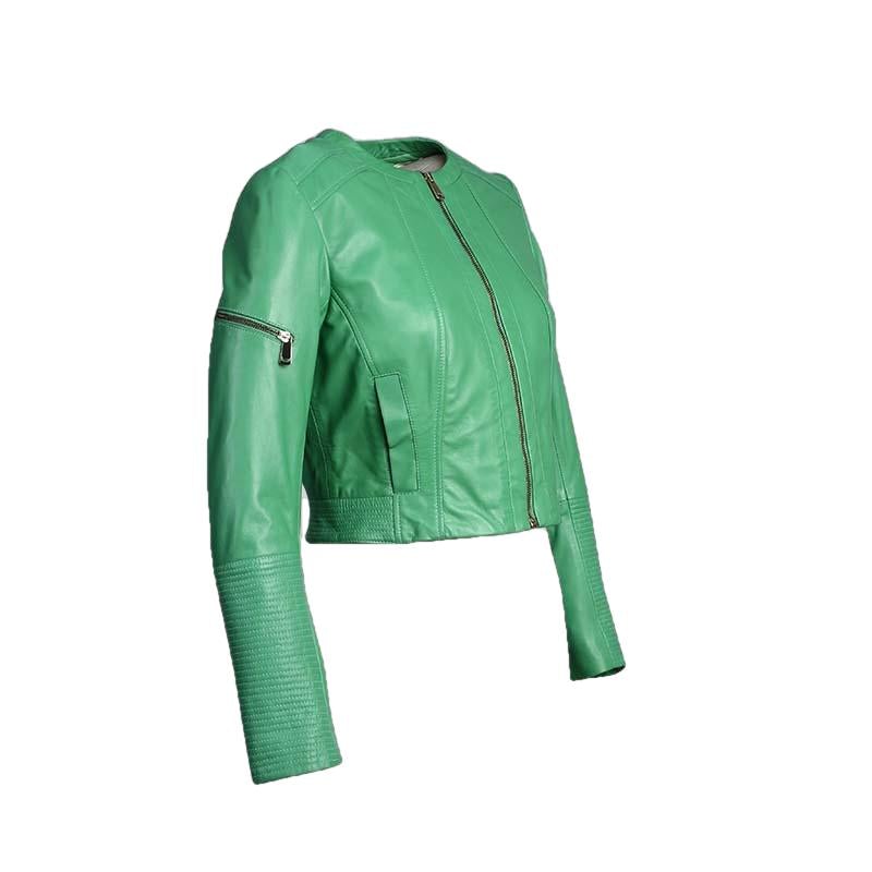 Veste de motard courte en cuir vert pour femme Minty Apple avec fermeture éclair