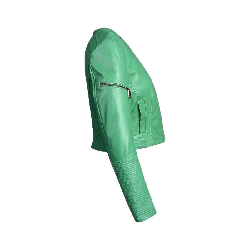 Veste de motard courte en cuir vert pour femme Minty Apple avec fermeture éclair