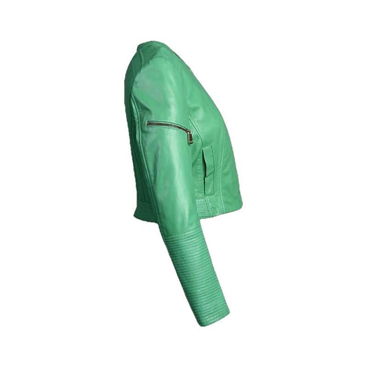 Veste de motard courte en cuir vert pour femme Minty Apple avec fermeture éclair