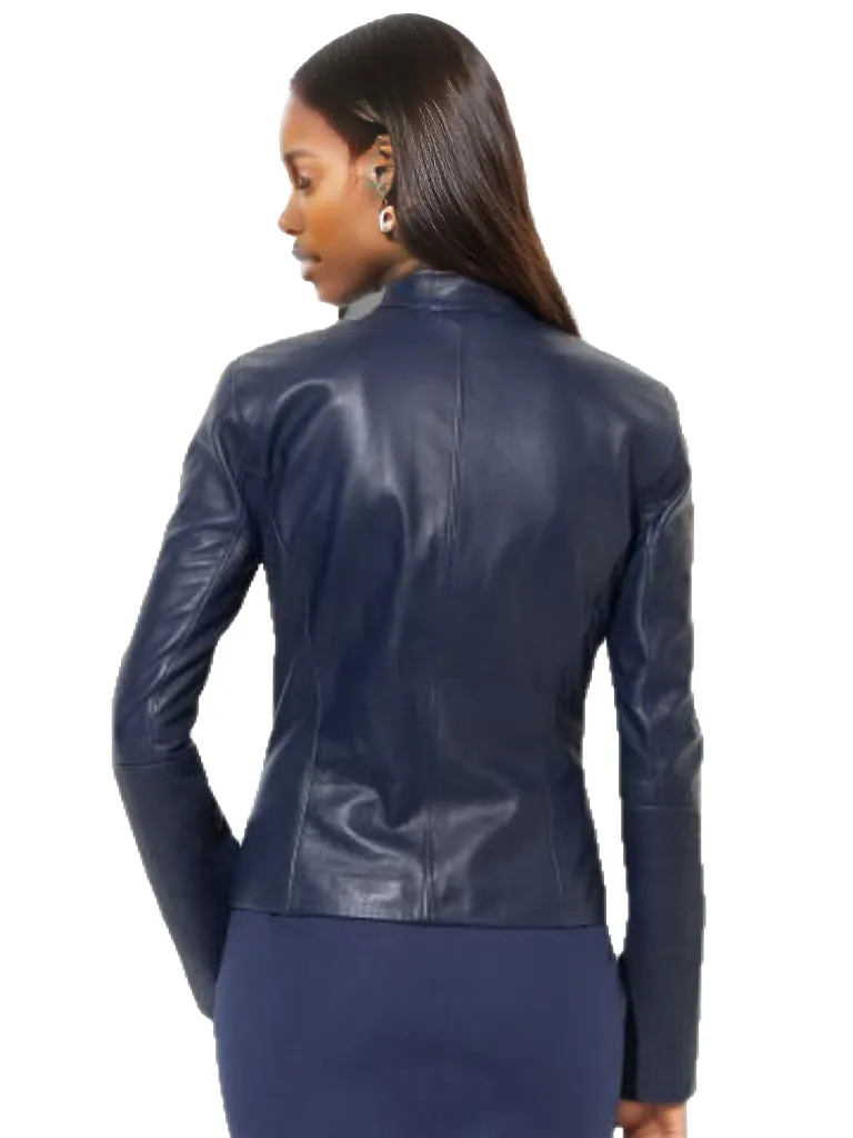 Veste de motard en cuir ciré bleu marine pour femme NY