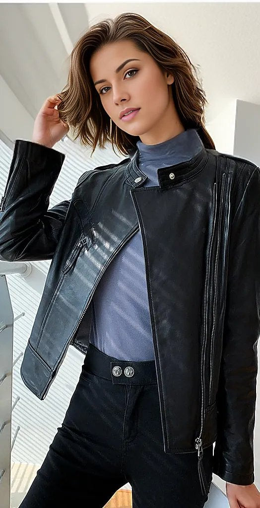 Manteau vintage en cuir de mouton noir pour femme, style motard.