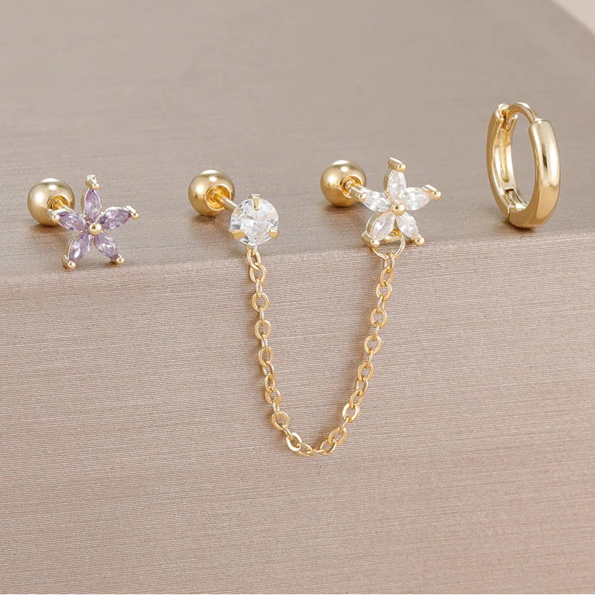 Pendientes de Botón de Flor de Zirconia, Juego de 3 Piezas