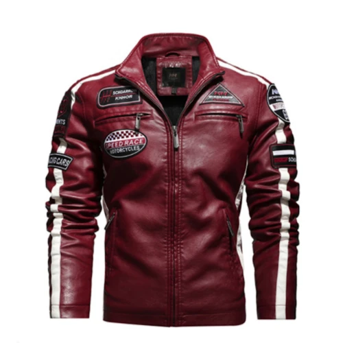 Mens Biker Vegan Leather Jacket With Badges by Jeansdenim.store