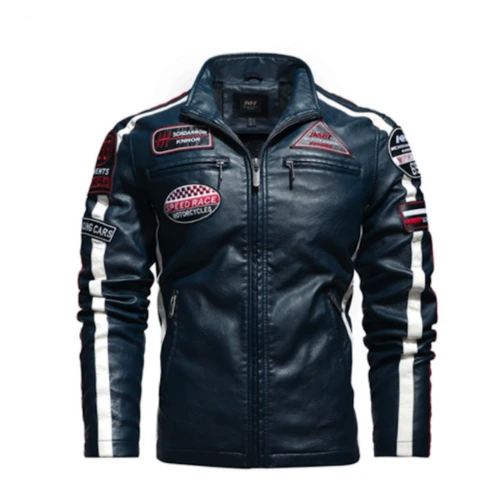 Mens Biker Vegan Leather Jacket With Badges by Jeansdenim.store