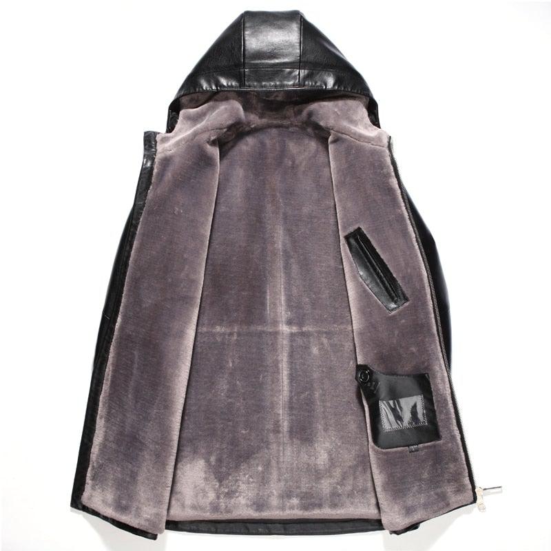 Abrigo de cuero premium para hombre con capucha 3/4 de largo y forro de piel sintética