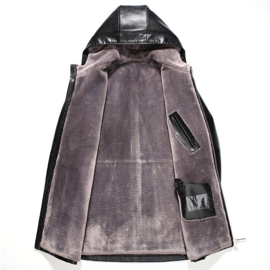 Manteau à capuche 3/4 en cuir haut de gamme pour homme, doublure en fausse fourrure
