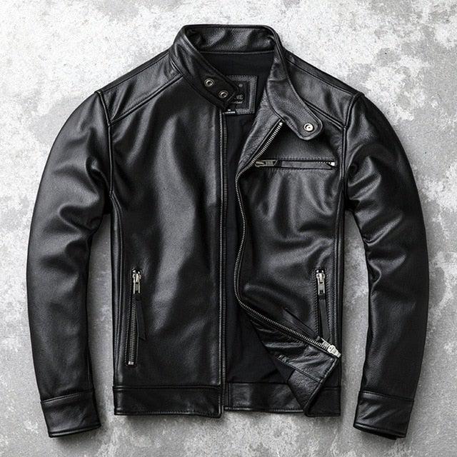 Blouson de moto Theon en cuir véritable noir pour homme, coupe standard