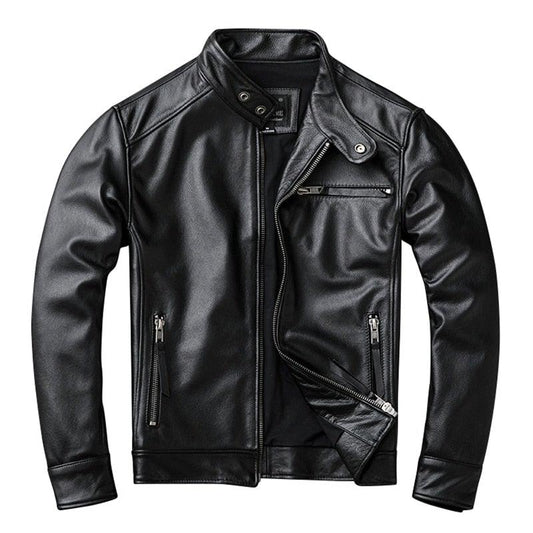 Blouson de moto Theon en cuir véritable noir pour homme, coupe standard