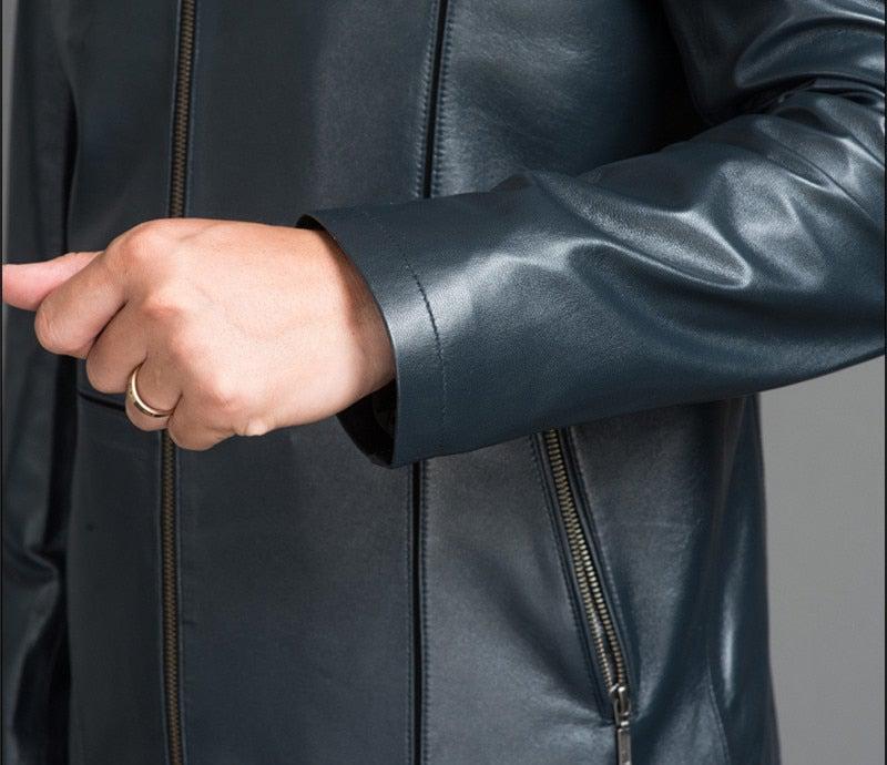 Parka en cuir de mouton véritable pour homme, idéale pour une tenue décontractée ou habillée, disponible en noir et bleu, tailles L à 4XL.