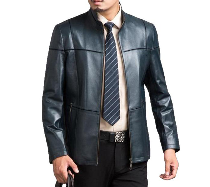 Parka en cuir de mouton véritable pour homme, idéale pour une tenue décontractée ou habillée, disponible en noir et bleu, tailles L à 4XL.