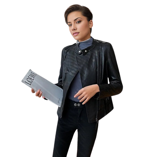 Manteau vintage en cuir de mouton noir pour femme, style motard.