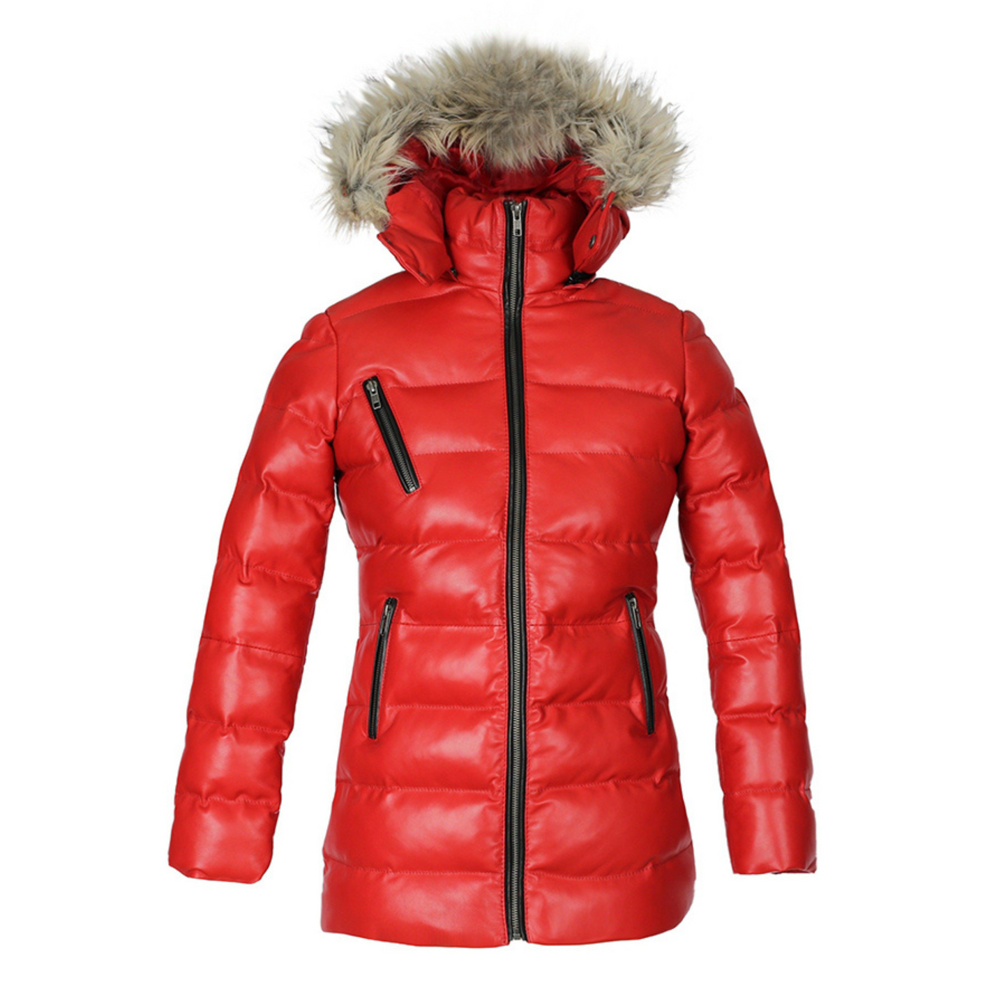 Chaqueta acolchada Selina de piel para mujer con capucha de piel de oveja auténtica y piel sintética, color rojo