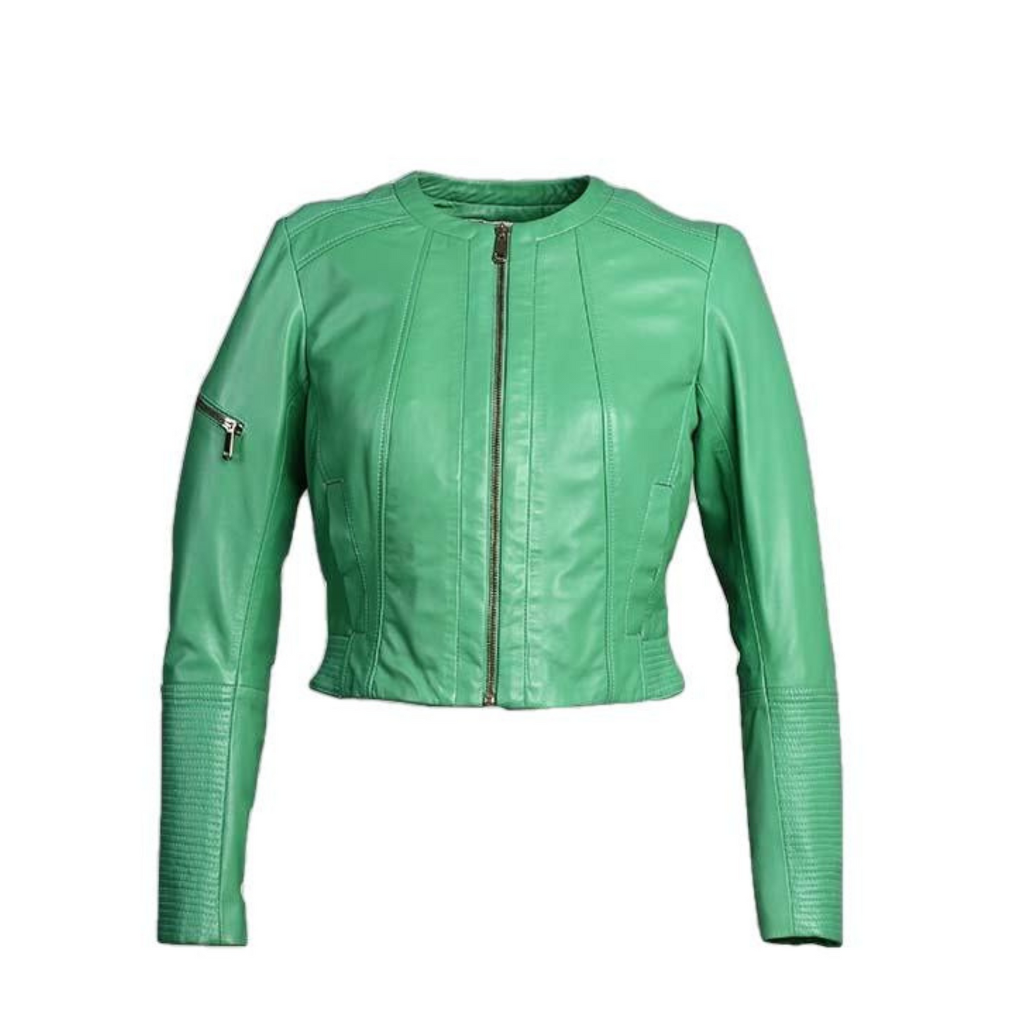 Veste de motard courte en cuir vert pour femme Minty Apple avec fermeture éclair
