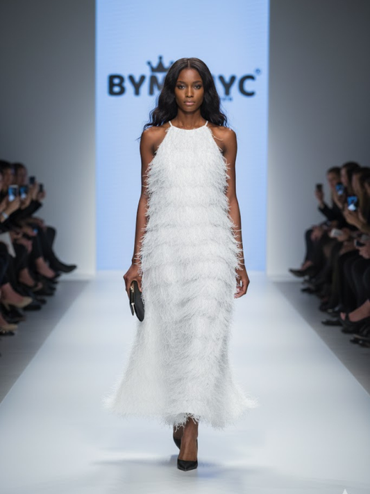 White Fringe Long Dress FIFTH AVENUE Prêt-à-Porter Line BYMANYC Luxury Evening Gown Pure White Elegance New York Design