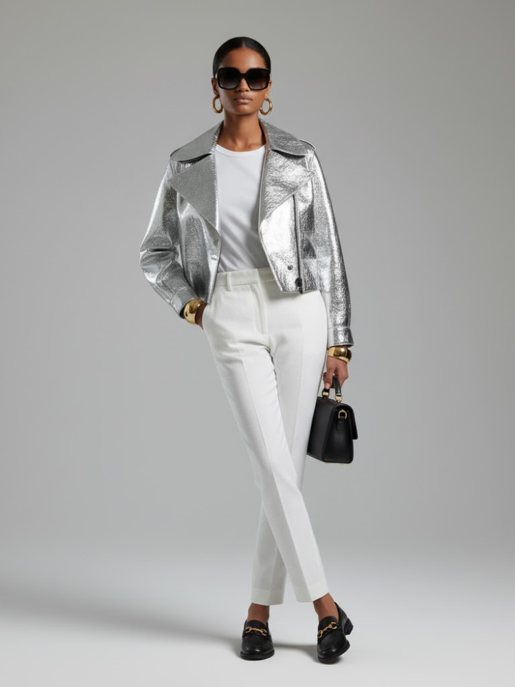 Women's Metallic Vegan Leather Biker Jacket Silver Wall Street Couture Bymany NY