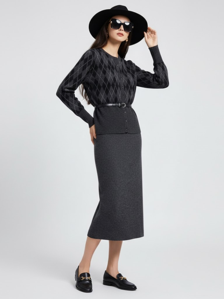 Upper East Side NYFW Set by BYMANYC Charcoal Gray Argyle Knit Jacket Skirt