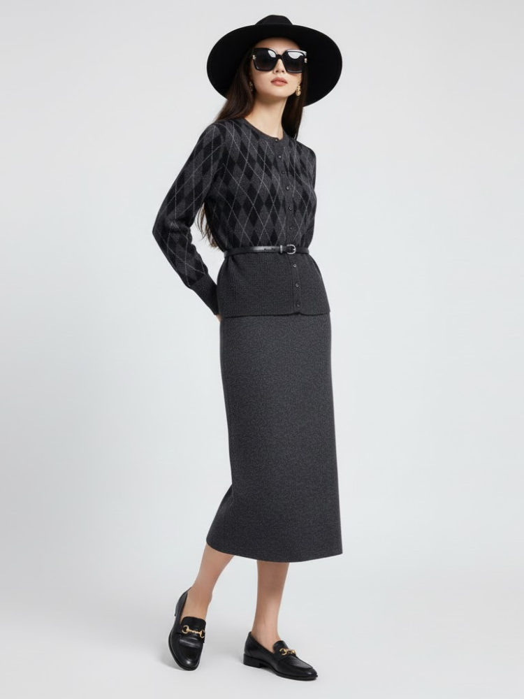 Upper East Side NYFW Set by BYMANYC Charcoal Gray Argyle Knit Jacket Skirt