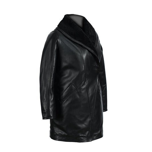 Manteau long en cuir et fausse fourrure noire pour femme - Grandes tailles disponibles