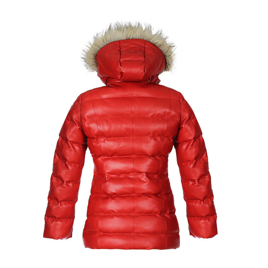 Doudoune Selina pour femme en cuir avec capuche en peau de mouton véritable et fausse fourrure rouge